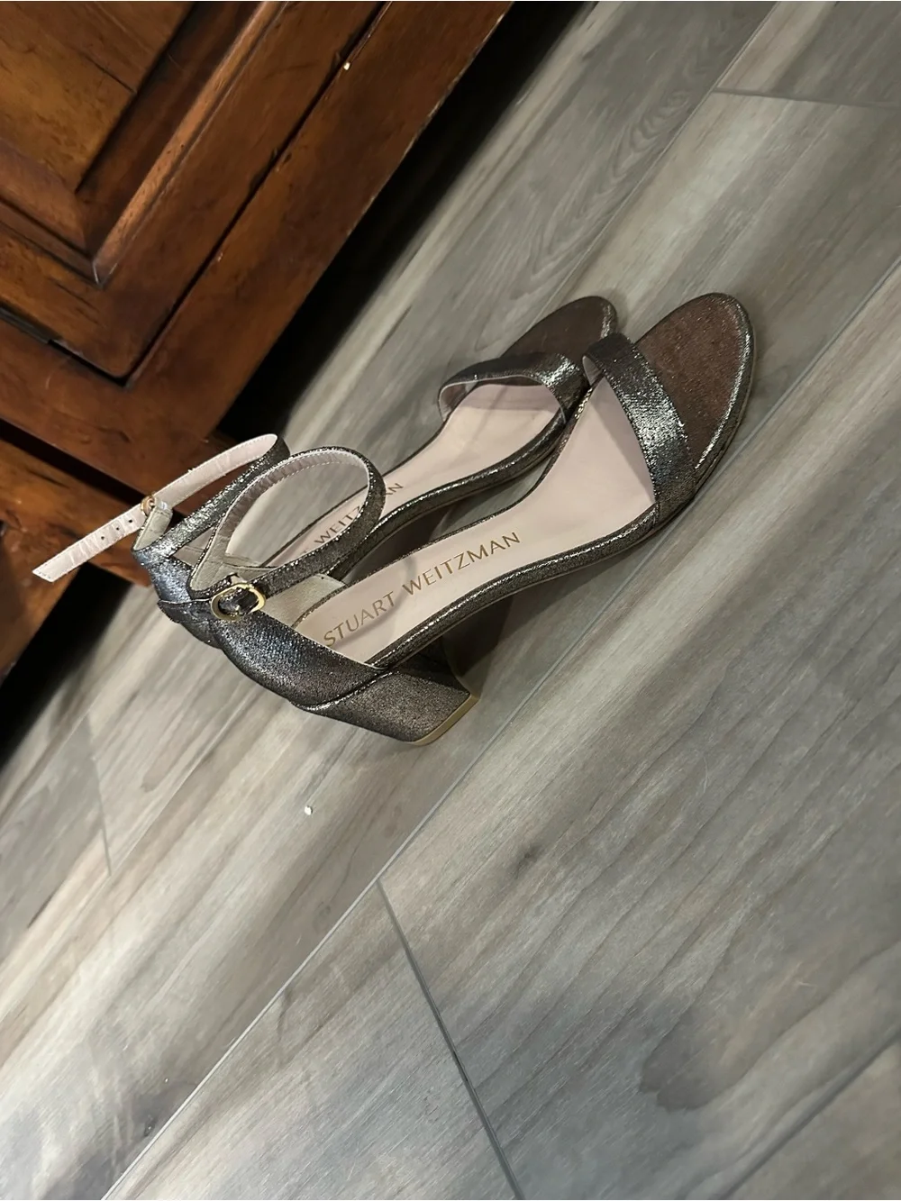 Stuart Weitzman Metallic silver Ankle-Strap Block Heel Sandals